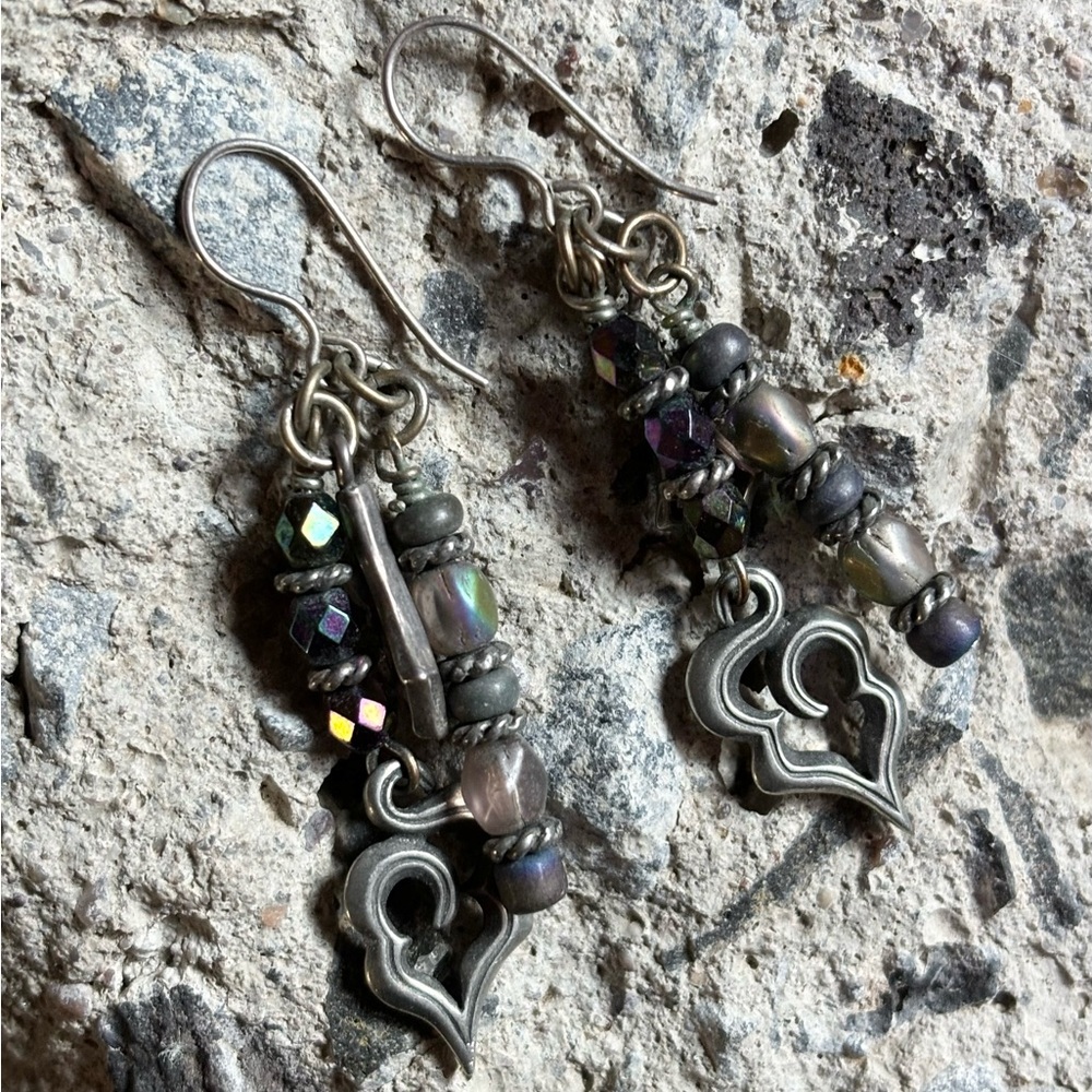 Vintage Sterling Silver Heart Charm Dangle Earrings!